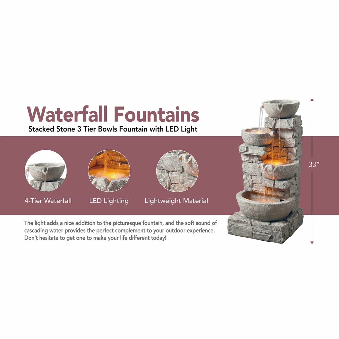 TeamsonUS Teamson Home Stacked Stone Tiered Bowl Waterfall Fountain W/ LED Light, Gray