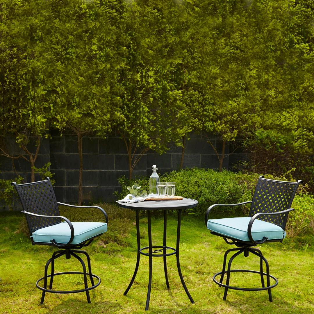 TeamsonUS Teamson Home Outdoor 3 Piece Steel Bar Height Bistro Table And Swivel Chairs With Cushions Set, Black