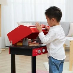 TeamsonUS Teamson Kids Little Helper Wooden Backyard BBQ Grill Playset With 26 Cooking Accessories, Red/Black