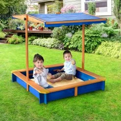 TeamsonUS Teamson Kids 4' Square Solid Wood Sandbox With Rotatable Canopy Cover, Honey/Blue