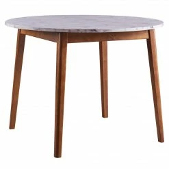 TeamsonUS Teamson Home Ashton Round Marble-Look Dining Table With Wood Base, Marble/Walnut
