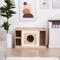 TeamsonUS Teamson Pets Daisy Mixed Wood Cat Litter Box Enclosure Storage Bench, Tan New