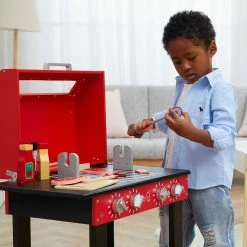 TeamsonUS Teamson Kids Little Helper Wooden Backyard BBQ Grill Playset With 26 Cooking Accessories, Red/Black