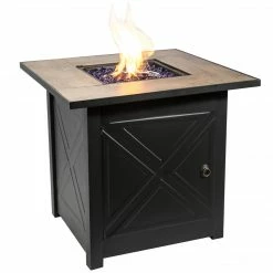 TeamsonUS Teamson Home Outdoor Square 30" Propane Ceramic Gas Fire Pit With Steel Base, Black/Stone