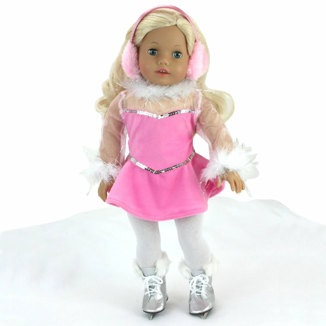 TeamsonUS Kids Sophia's Complete Figure Skating Outfit With Dress, Ice Skates And Accessories For 18" Dolls, Pink/Silver