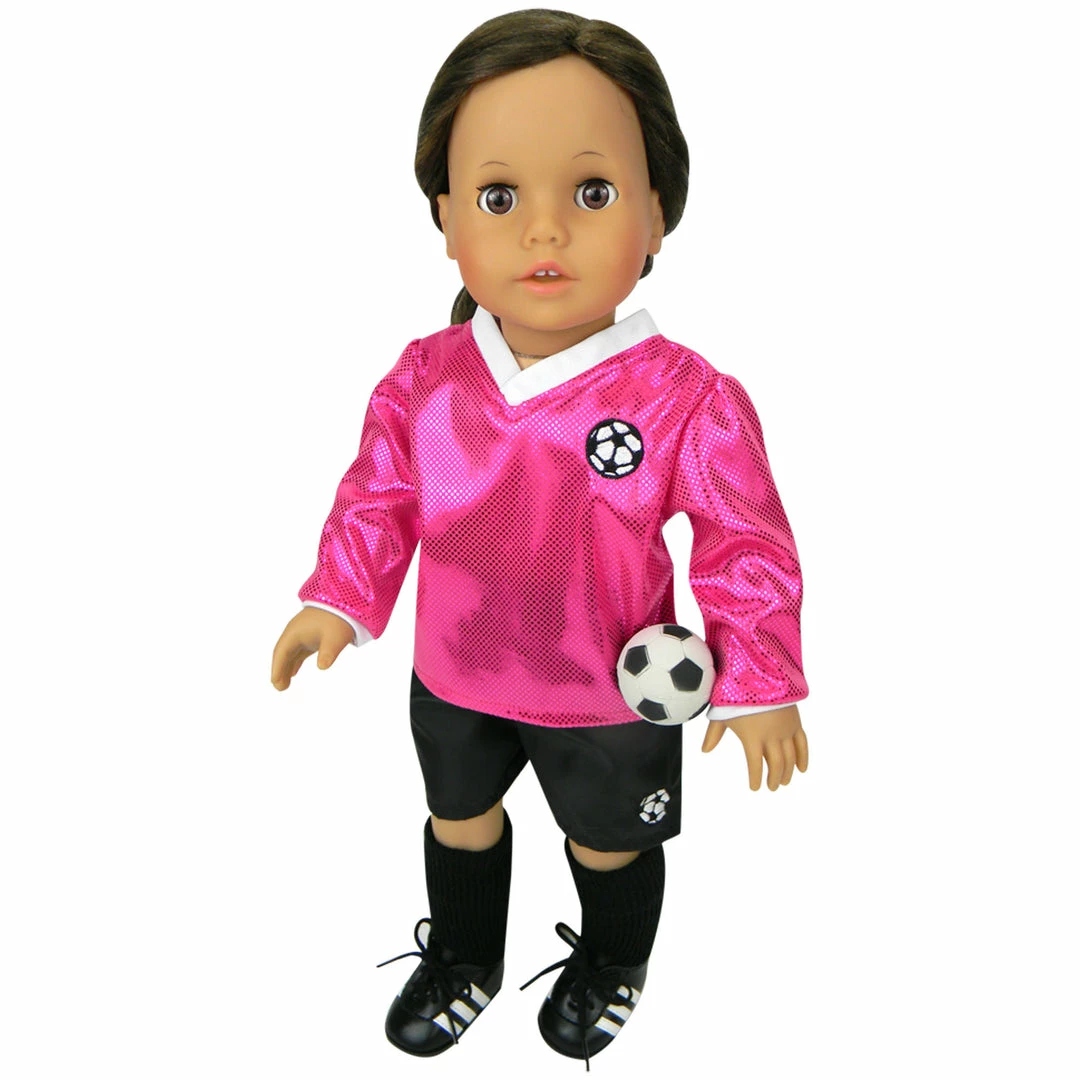 TeamsonUS Kids Sophia's 6 Piece Soccer Uniform Outfit Set For 18'' Dolls, Fuchsia