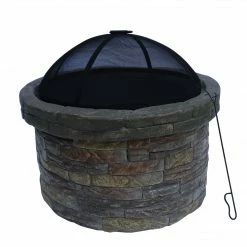 TeamsonUS Teamson Home 27" Outdoor Round Stone Wood Burning Fire Pit With Steel Base, Natural Stone