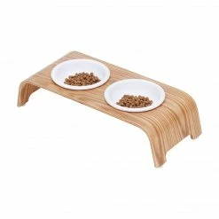 TeamsonUS Teamson Pets Billie Small Elevated Ash Wood Pet Feeder With Ceramic Bowls, Brown