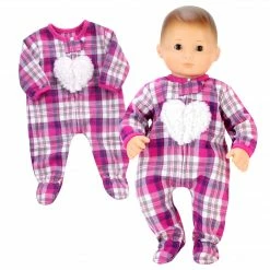 TeamsonUS Kids Sophia's Flannel Sleeper With Sherpa Heart Design For 15'' Dolls, Hot Pink