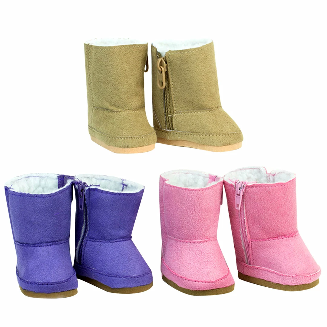 TeamsonUS Kids Sophia's Set Of 3 Suede Winter Boots For 18" Dolls, Pink/Purple/Tan