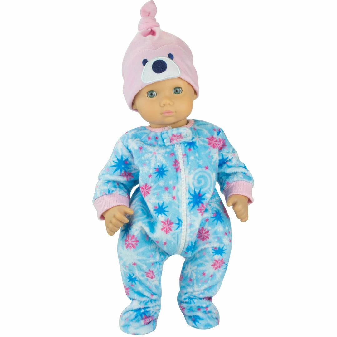 TeamsonUS Sophia's 2 Piece Winter Print Fleece Sleeper Outfit With Hat Set For 15'' Dolls, Blue/Pink Kids
