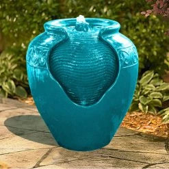 TeamsonUS Teamson Home Outdoor Glazed Pot Floor Fountain With LED Lights, Teal