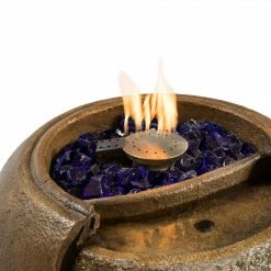 TeamsonUS Teamson Home Large Outdoor Water Fountain Pot With Fire Pit And Fire Glass, Brown New