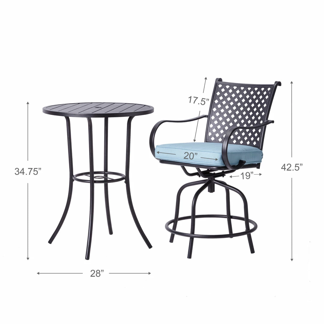 TeamsonUS Teamson Home Outdoor 3 Piece Steel Bar Height Bistro Table And Swivel Chairs With Cushions Set, Black