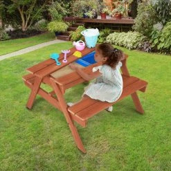 TeamsonUS Teamson Kids Outdoor Wooden Picnic Table With 2 Sensory Bins For Sand/Water Play Plus Accessories, Warm Cherry