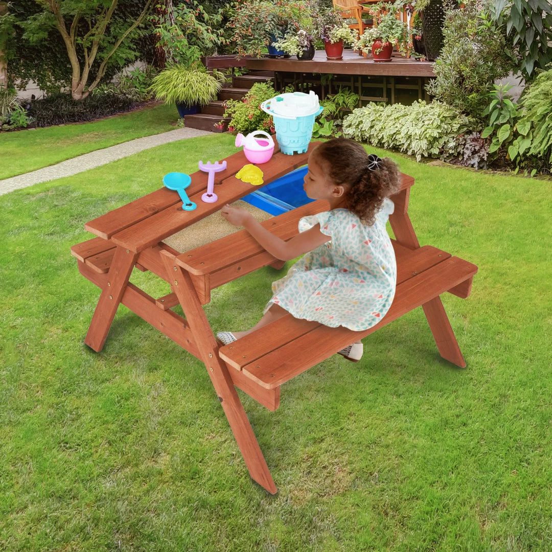 TeamsonUS Teamson Kids Outdoor Wooden Picnic Table With 2 Sensory Bins For Sand/Water Play Plus Accessories, Warm Cherry
