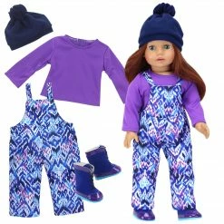 TeamsonUS Sophia's Ikat Print Snow Bib Overalls, Long Sleeve Tee, Fleece Hat And Boots Set For 18