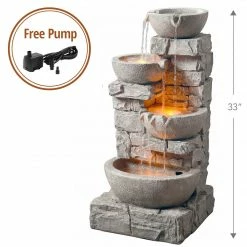 TeamsonUS Teamson Home Stacked Stone Tiered Bowl Waterfall Fountain W/ LED Light, Gray
