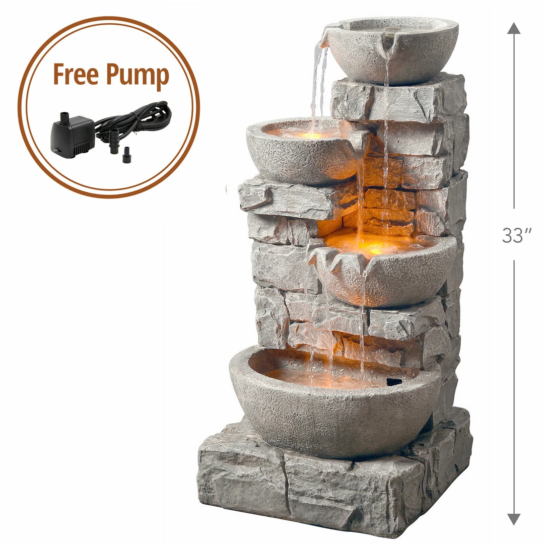 TeamsonUS Teamson Home Stacked Stone Tiered Bowl Waterfall Fountain W/ LED Light, Gray