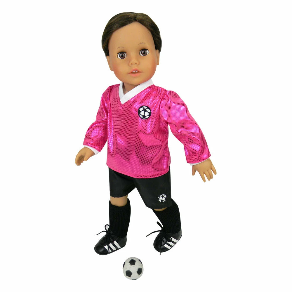 TeamsonUS Kids Sophia's 6 Piece Soccer Uniform Outfit Set For 18'' Dolls, Fuchsia