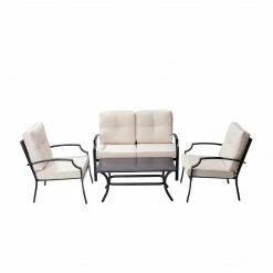 TeamsonUS Teamson Home Outdoor 4-Piece Metal Patio Set With Loveseat, Two Chairs & Table, Black/Beige