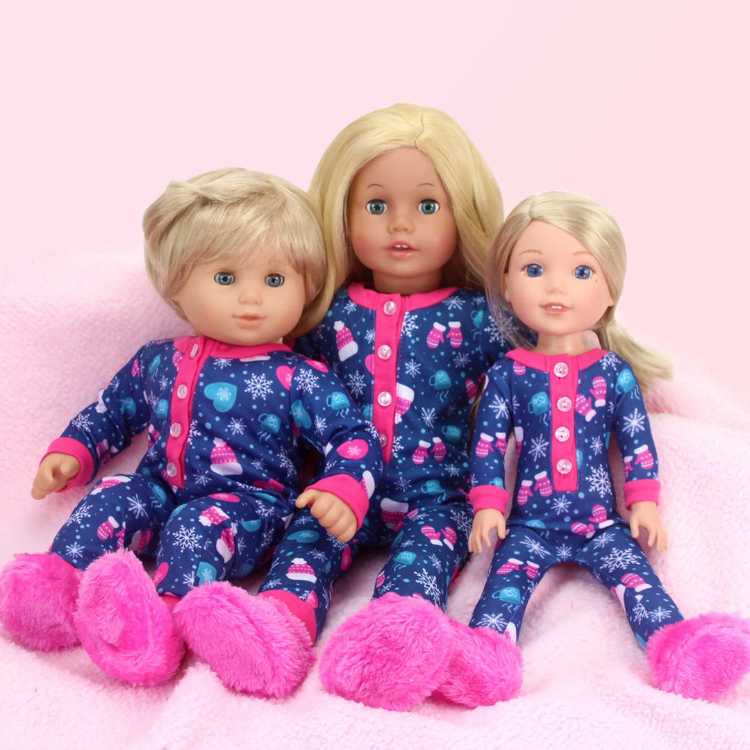 TeamsonUS Sophia's One Piece Winter Pajamas And Slippers For 14.5" Dolls, Blue/Hot Pink Kids