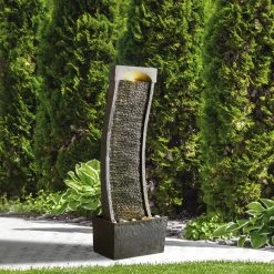 TeamsonUS Teamson Home Indoor/Outdoor Modern Curved Slate Stone-Look Tall Waterfall Fountain With LED Lights