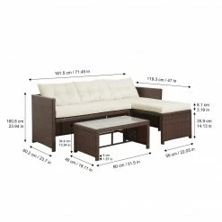 TeamsonUS Teamson Home Outdoor 3-Piece Rattan Patio Sectional Set With Loveseat, Chaise Lounge And Coffee Table, Brown/White