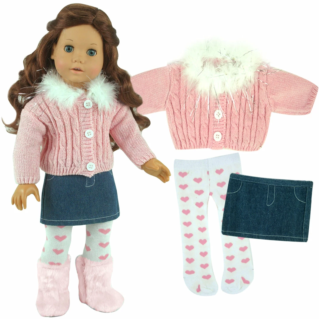 TeamsonUS Sophia's 3 Piece Feather Trim Sweater Outfit Set For 18'' Dolls, Pink