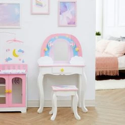 TeamsonUS Fantasy Fields Little Dreamer Rainbow Unicorn Vanity Table Set With Mirror And Stool, White Kids