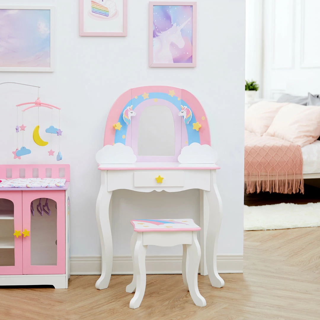 TeamsonUS Fantasy Fields Little Dreamer Rainbow Unicorn Vanity Table Set With Mirror And Stool, White Kids