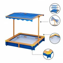 TeamsonUS Teamson Kids 4' Square Solid Wood Sandbox With Rotatable Canopy Cover, Honey/Blue