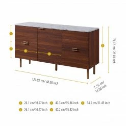 TeamsonUS Teamson Home Ashton Rectangular Wood Sideboard With Marble-Look Top And Metal Legs, Marble/Walnut