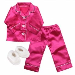 TeamsonUS Sophia's 3 Piece Satin Pajama Set With Slippers For 18" Dolls, Hot Pink