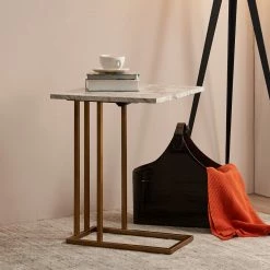 TeamsonUS Teamson Home Marmo Modern Marble-Look C Shape Side Table With Extension, Marble/Brass