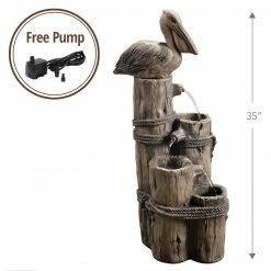 TeamsonUS Teamson Home Outdoor Tiered Pelican And Wooden Post Waterfall Fountain, Brown