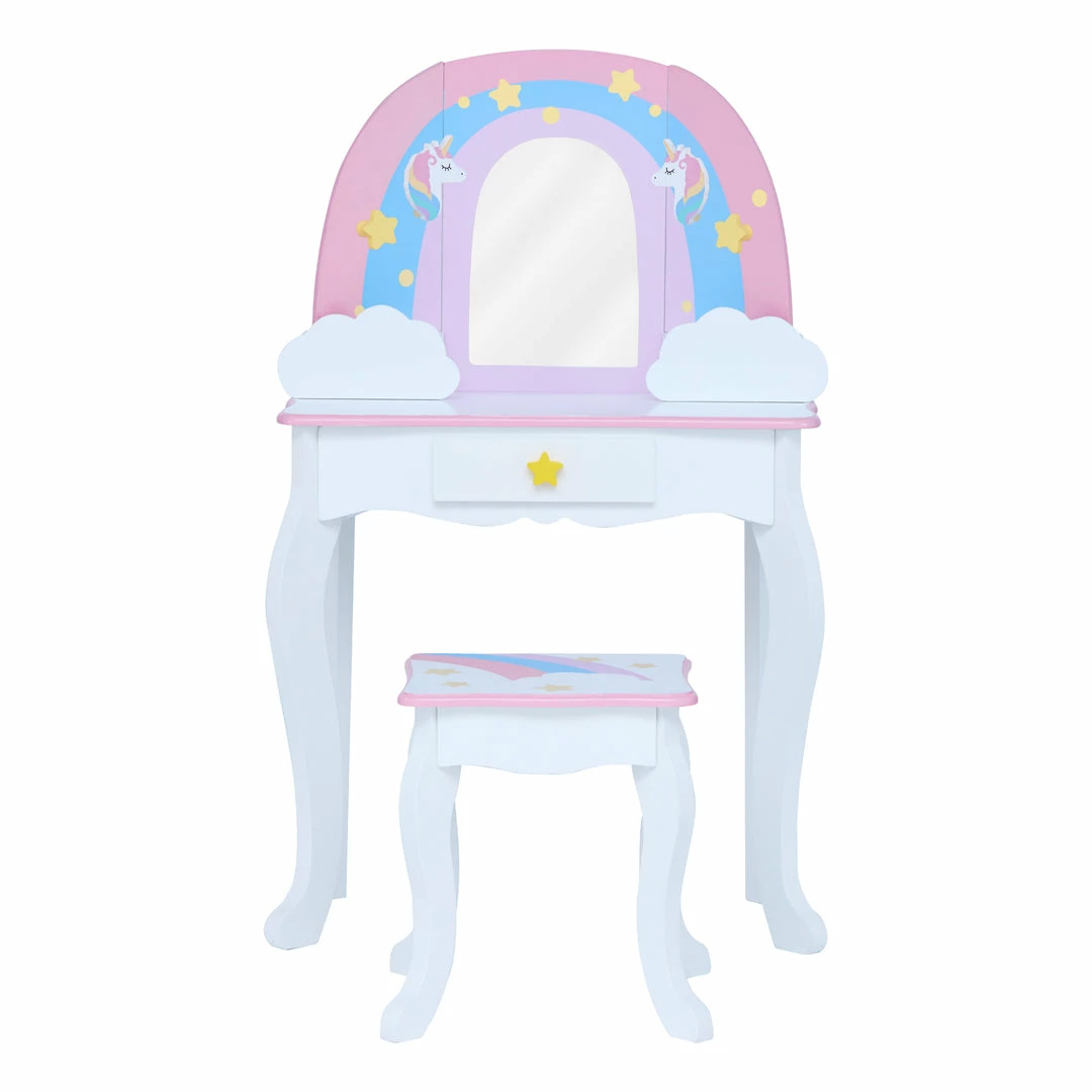 TeamsonUS Fantasy Fields Little Dreamer Rainbow Unicorn Vanity Table Set With Mirror And Stool, White Kids
