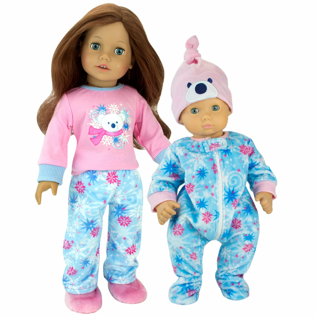 TeamsonUS Sophia's 2 Piece Winter Print Fleece Sleeper Outfit With Hat Set For 15'' Dolls, Blue/Pink Kids