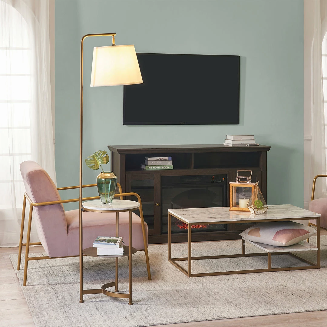 TeamsonUS Teamson Home Lilah Floor Lamp With Faux Marble Tray Table And Built-In USB Port, White/Brass