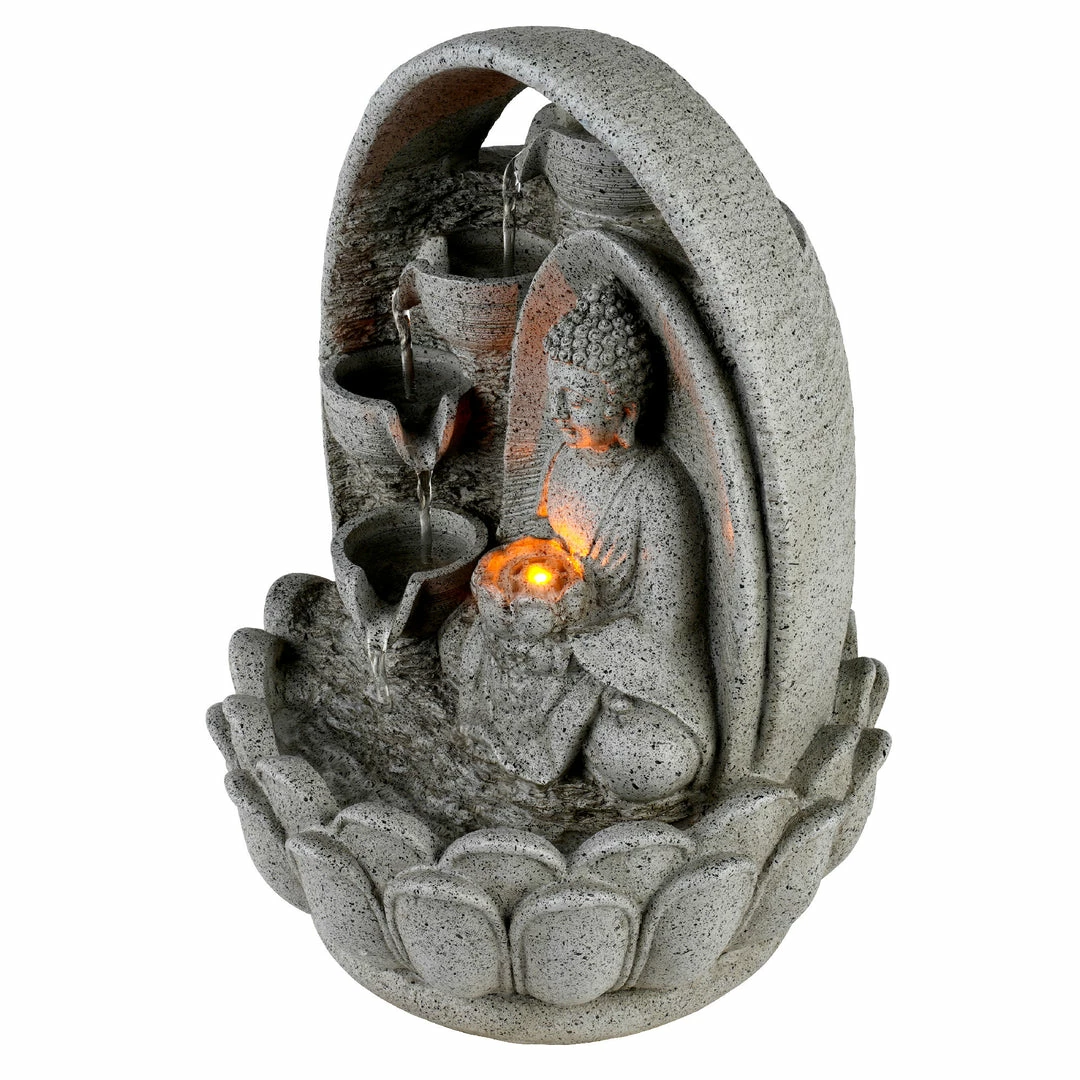 TeamsonUS Teamson Home 4-Tiered Buddha Tabletop Waterfall Fountain With LED Lights, Gray