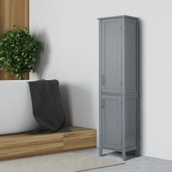 TeamsonUS Teamson Home Mercer Mid Century Modern Linen Tower Storage Cabinet With Two Doors, Gray