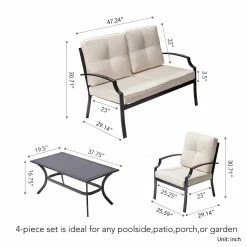 TeamsonUS Teamson Home Outdoor 4-Piece Metal Patio Set With Loveseat, Two Chairs & Table, Black/Beige