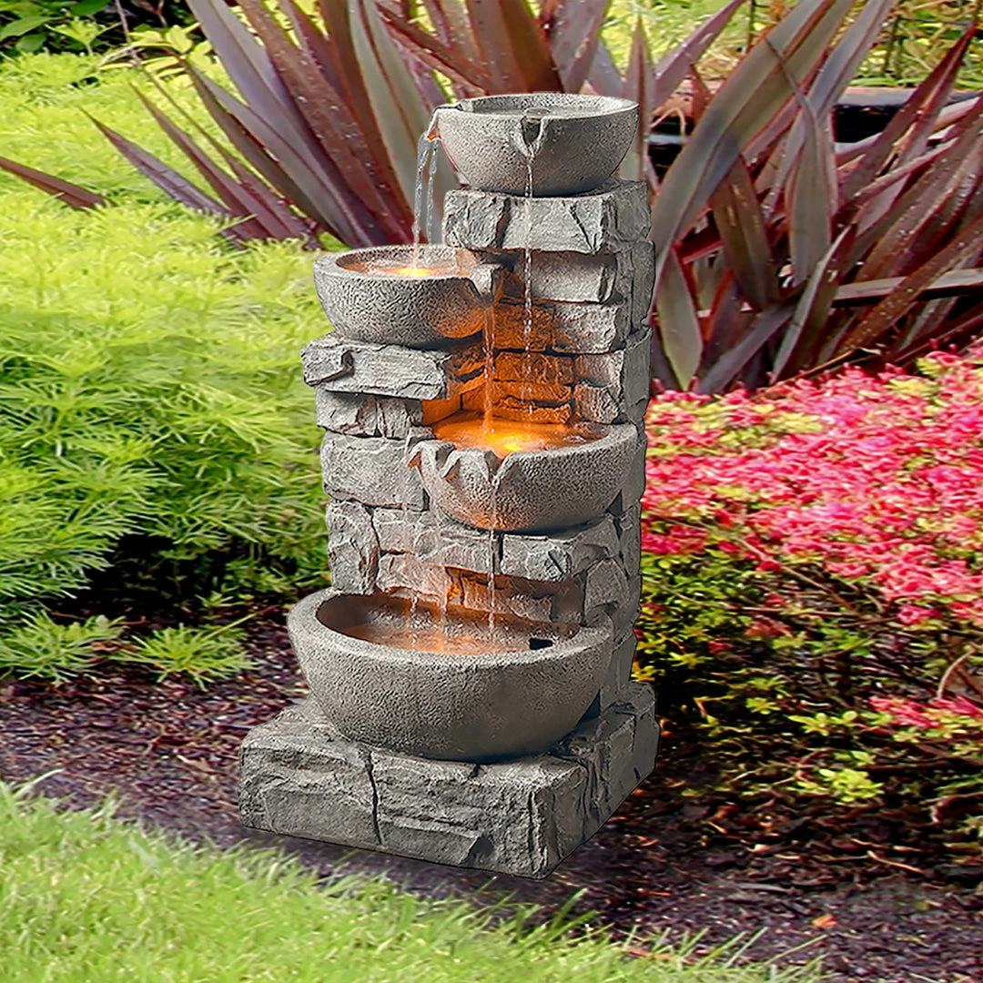 TeamsonUS Teamson Home Stacked Stone Tiered Bowl Waterfall Fountain W/ LED Light, Gray