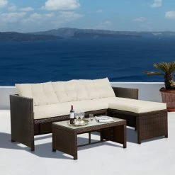 TeamsonUS Teamson Home Outdoor 3-Piece Rattan Patio Sectional Set With Loveseat, Chaise Lounge And Coffee Table, Brown/White