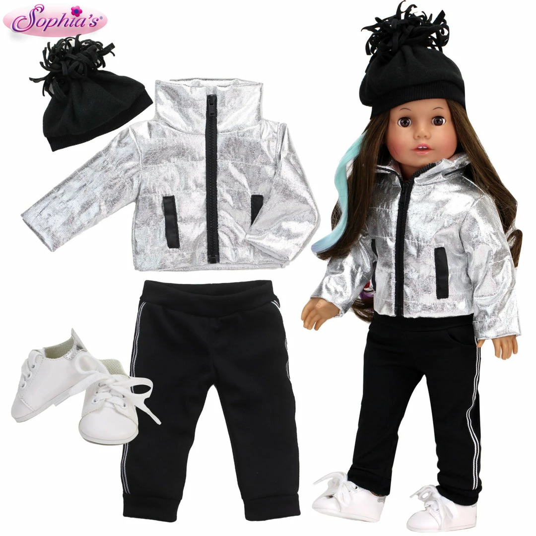 TeamsonUS Kids Sophia's 4 Pc Casual Winter Set For 18 Inch Dolls, Silver/Black
