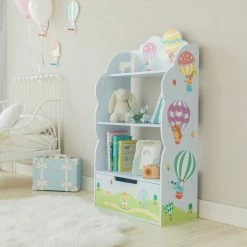 TeamsonUS Fantasy Fields Kids Hot Air Balloon Wooden Bookshelf With Storage Drawer, Blue/Green