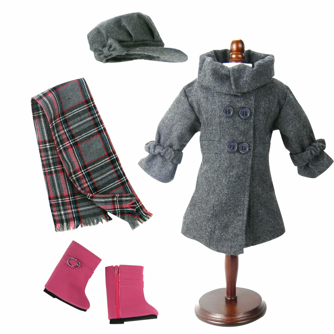 TeamsonUS Sophia's 4 Piece Winter Coat With Boots Set For 18'' Dolls, Gray/Pink Kids