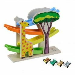 TeamsonUS Teamson Kids Preschool Play Lab Wooden Safari Ramp Racer With Animal Print Cars, Multicolor