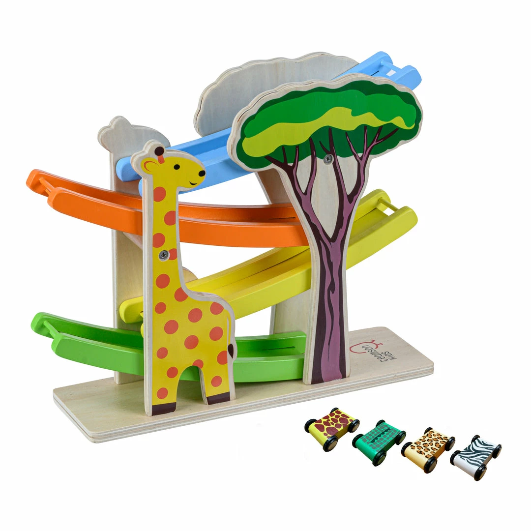 TeamsonUS Teamson Kids Preschool Play Lab Wooden Safari Ramp Racer With Animal Print Cars, Multicolor
