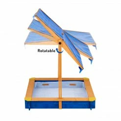 TeamsonUS Teamson Kids 4' Square Solid Wood Sandbox With Rotatable Canopy Cover, Honey/Blue